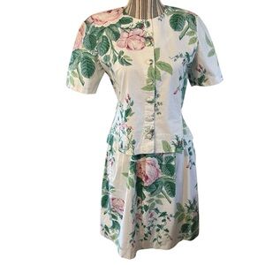 Vintage Skirt Set Sz 10 White Floral Print Roses Pink Green ButtonUp Top & Skirt